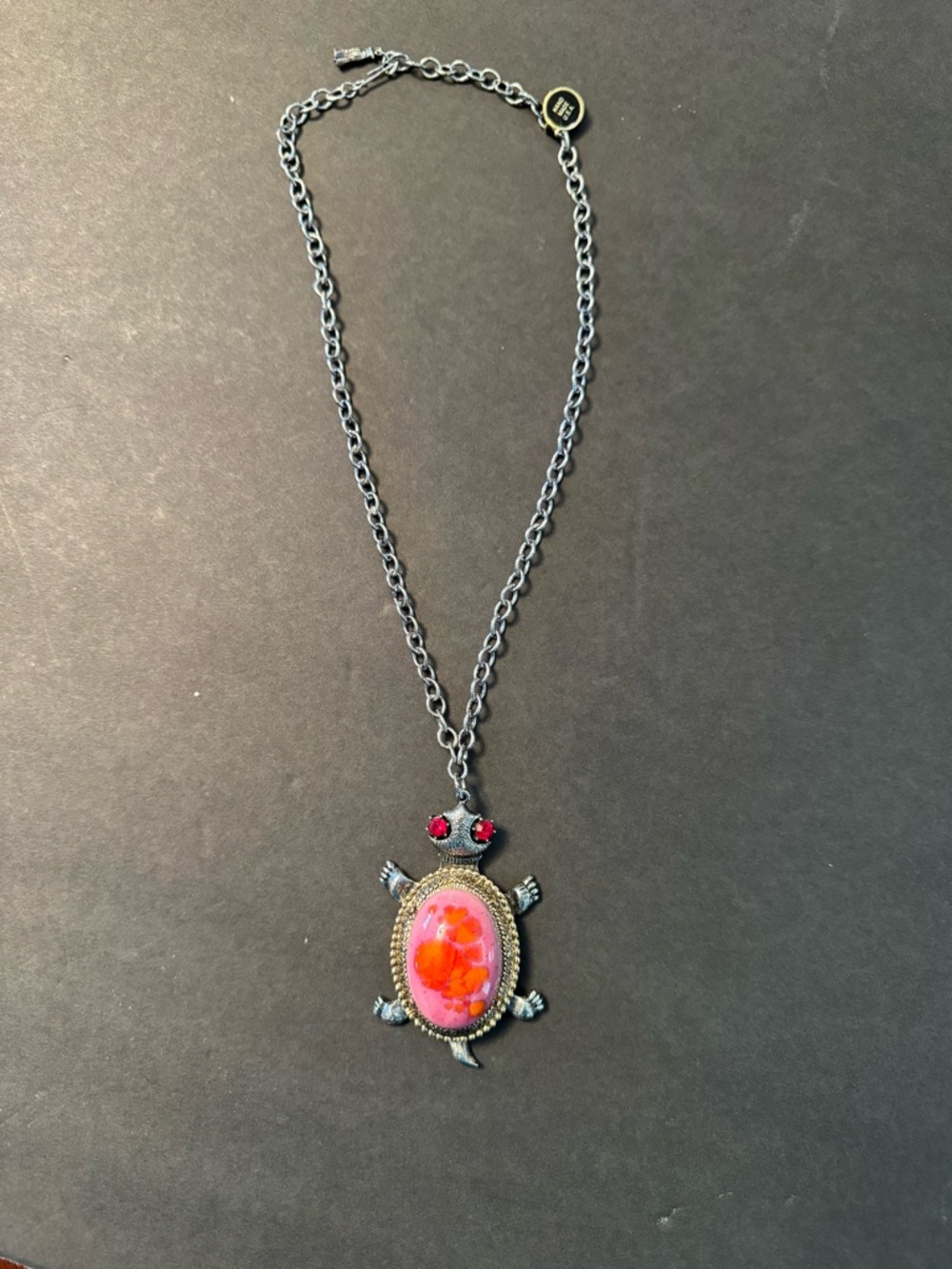 Women's Turtle Pendant Necklace with Pink and Orange Stone vintage